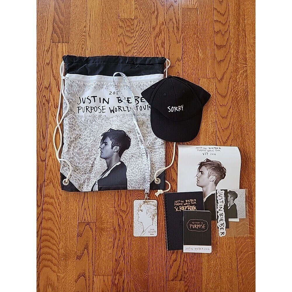 Justin Bieber 2016 Purpose World Tour VIP Bag, Hat, Lanuard, Scrapbook, Stickers